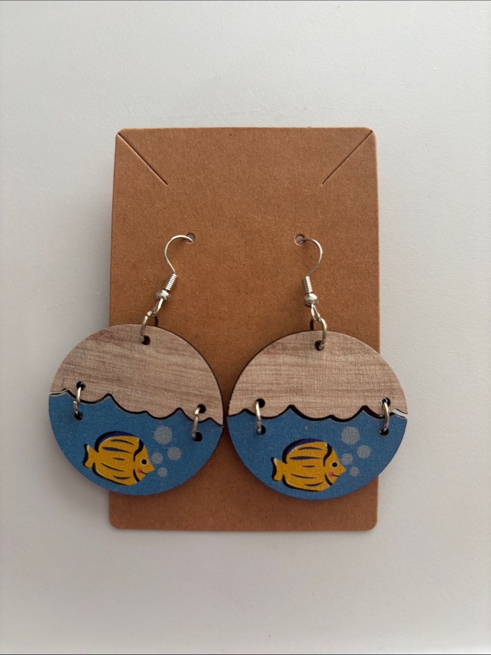 Fashion Jewelry Blue & Yellow Fish Wood Drop Earrings